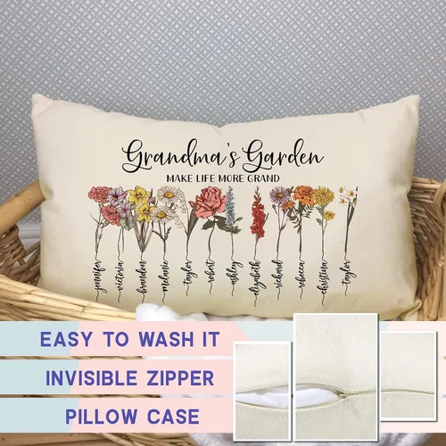 Vista 6 de Funda de almohada lumbar personalizada para el día de la madre Flores coloreadas jardín de la abuela