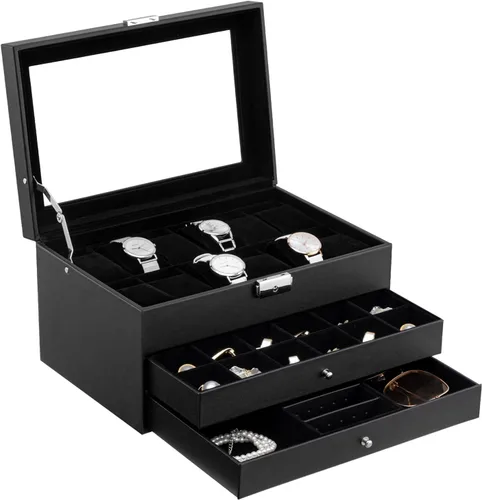 Vista 2 de Oyydecor Joyero caja de reloj de piel sintética organizador de almacenamiento de madera para almacenamiento y exhibición regalos de negocios