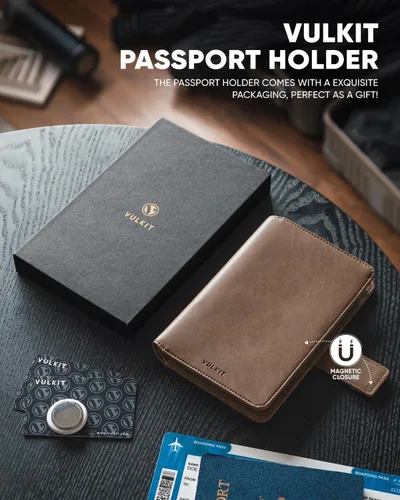 Vista 5 de VULKIT Cartera de pasaporte compatible con Airtag Holder Bifold Travel Card Holder, Espresso, Moda