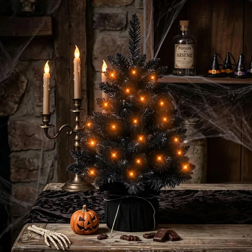 Vista 6 de Árbol de Halloween negro de 2 pies con luces, 50 LED multicolor preiluminado, mini árbol de Navidad artificial morado, árbol de Halloween