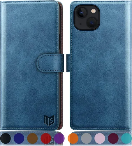 Vista 15 de SUANPOT Funda tipo cartera para iPhone 14 Plus de 6.7 pulgadas con bloqueo RFID, tarjetero de crédito, funda protectora de piel sintética con tapa