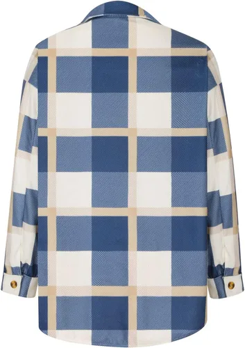 Vista 3 de Chaqueta de franela a cuadros para mujer, manga larga, mezcla de lana, chaquetas de otoño con botones en el pecho, bolsillos en el pecho, trajes