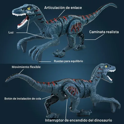 Vista 4 de Juguetes grandes de dinosaurio con control remoto para niños, juguetes de velociraptor jurásico que imita caminar y sonidos, juguetes robot que