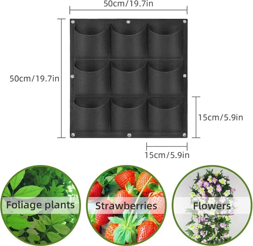 Vista 3 de Bolsas de cultivo colgantes para plantar, 9 bolsillos para colgar en la pared, bolsa de cultivo vertical para jardín interior y exterior, contenedor
