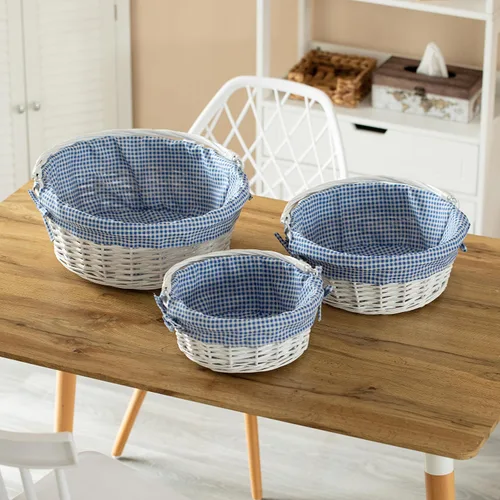 Vista 6 de WICKERWISE Cesta de regalo tradicional de sauce redondo blanco con forro a cuadros y asas resistentes, cesta de almacenamiento de aperitivos