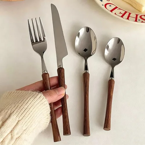 Vista 4 de Juego de cubiertos de madera para 6 cubiertos de acero inoxidable de alta calidad, juego de 30 piezas de cubiertos de madera, incluye cuchillos