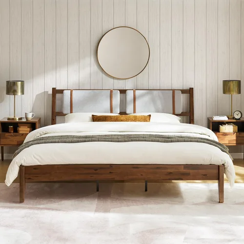 Vista 12 de mopio Ted - Marco de cama con cabecero, marco de cama de plataforma de madera maciza de acacia moderna de mediados de siglo, listones de madera, sin