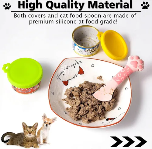Vista 4 de Comtim Tapas pequeñas para latas de comida para gatos con juego de cuchara de comida para gatos, tapas de silicona para latas de 3 onzas, espátula