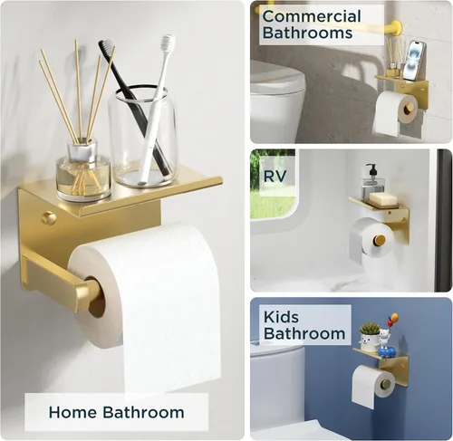 Vista 7 de Portarrollos de papel higiénico con estante, montaje en pared adhesivo o con tornillos, portarrollos de papel higiénico para baño, dispensador