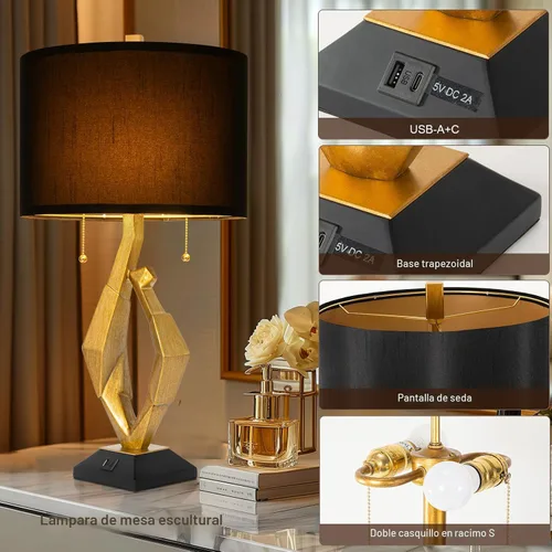 Vista 2 de Juego de 2 lámparas de mesa escultóricas con puertos USB para sala de estar, lámparas de noche de granja con acabado en hoja de oro y interruptor