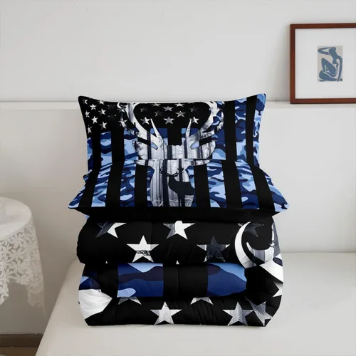 Vista 6 de Juego de edredón de tamaño matrimonial con bandera estadounidense de camuflaje para niños, cuernos de ciervo, banderas de camuflaje azul para Multi