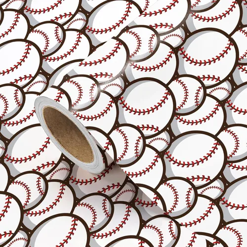 Vista 2 de WRAPAHOLIC Rollo de papel de regalo de béisbol - Rollo mini - 17 pulgadas x 9.8 pies - Papel de regalo deportivo clásico de béisbol, perfecto