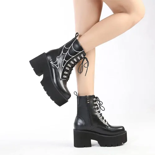 Vista 8 de mikarka Botas de plataforma de cadena para mujer, con cordones y cremallera, tacón grueso, botines de combate negros, botas de motocicleta