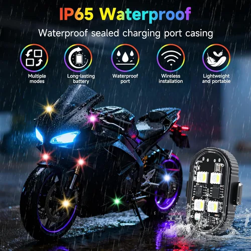Vista 6 de 10 luces estroboscópicas LED inalámbricas de 4 LED con control remoto, 8 colores de alto brillo USB-C, recargable, impermeable, anticolisión, luces