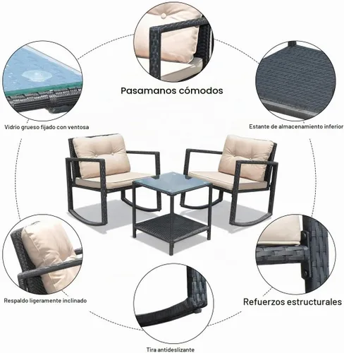 Vista 5 de Tangkula Juego de 3 mecedoras de mimbre para patio, mecedoras al aire libre y mesa con cojines, mesa de centro de cristal con estante de Beige
