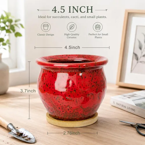 Vista 2 de ARTKETTY Macetas de 4.5 pulgadas con drenaje, pequeñas macetas de cerámica para plantas de interior Rojo