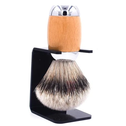 Vista 3 de Taconic Shave 's Extra denso 100% 3 bandas Silvertip Badger Cepillo de afeitar de lujo – Madera de haya y mango cromado – Soporte de afeitar incluido