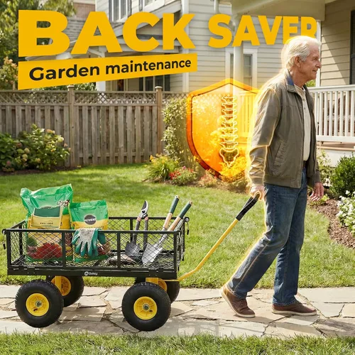 Vista 5 de Sekey Carrito de jardín de malla de acero de 600 libras para patio y patio trasero, carro utilitario con lados extraíbles (cama plana convertible)