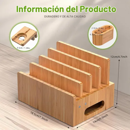 Vista 7 de Pezin & Hulin Organizador de estación de carga de bambú para múltiples dispositivos, soporte de estación de acoplamiento de escritorio para teléfono