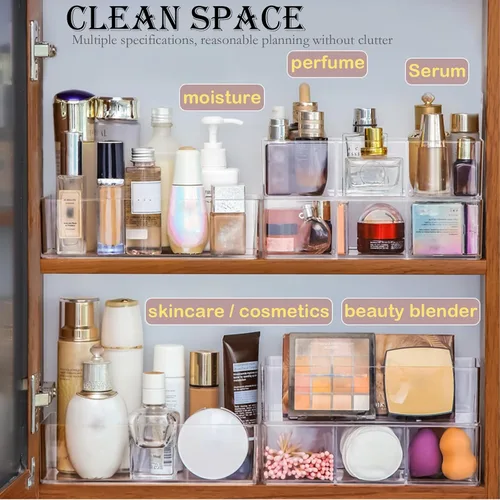 Vista 5 de Organizador de maquillaje acrílico de 2 piezas Almacenamiento de encimera, organizador de cajones, almacenamiento de baño, acabado de escritorio