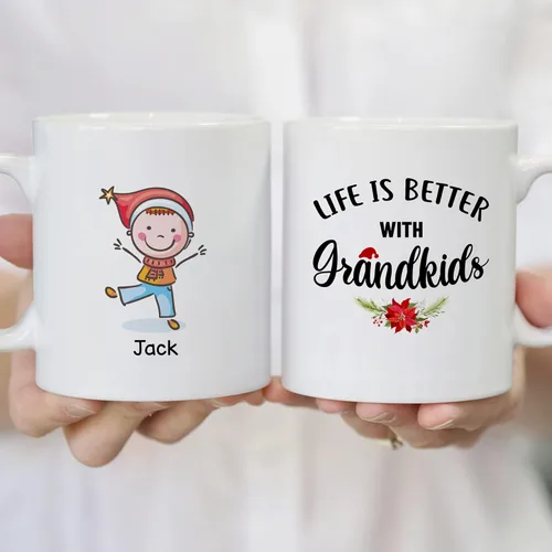 Vista 4 de Gossby Taza personalizada – GRANDKIDS MAKE LIFE MORE GRAND (1 niño) – Taza de café de cerámica de 11 onzas y 15 onzas para abuelos/abuelos – Idea