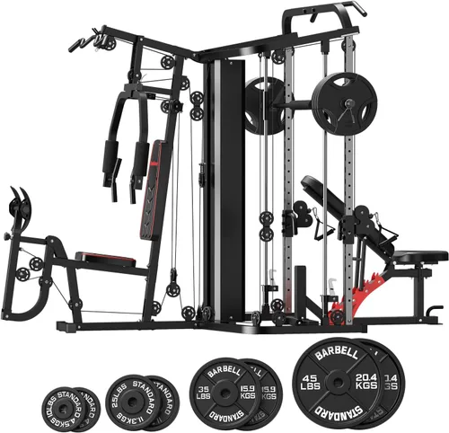 Vista 9 de SunHome - Estación de entrenamiento multifunción para el gimnasio en casa, máquina Smith con pila de pesas de 62.6 kg, prensa de piernas, estación