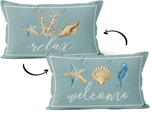 Vista 12 de HIWX Fundas de almohada costeras, fundas de almohada costeras, fundas de almohada decorativas de playa náutica, almohadas náuticas, decoración Blue1