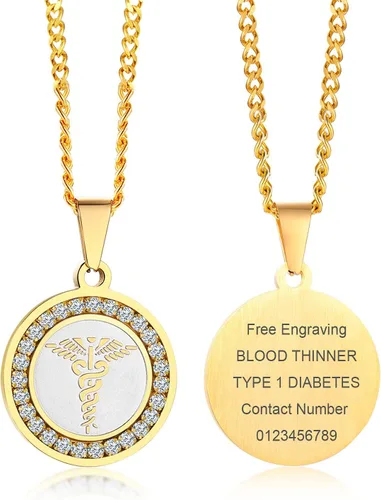 Vista 120 de VNOX Collar con colgante personalizado de acero inoxidable con grabado personalizado para identificación de alerta médica de emergencia para hombres