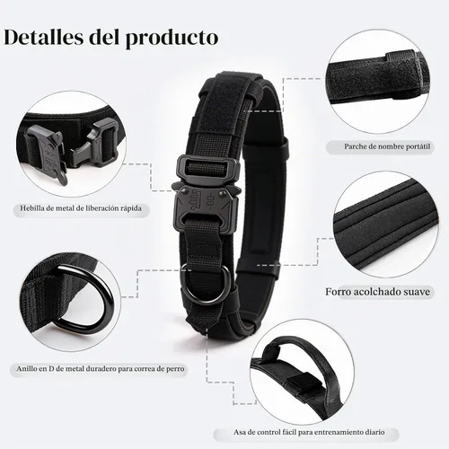 Vista 2 de Collar táctico para perro, ajustable, militar, de nailon, con asa de control y hebilla de metal resistente para perros medianos y grandes (negro, S)