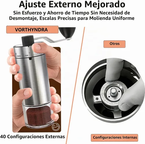 Vista 3 de Molinillo manual de granos de café, 40 ajustes externos ajustables, manivela manual, cuerpo de acero inoxidable, rebaba cónica de cerámica