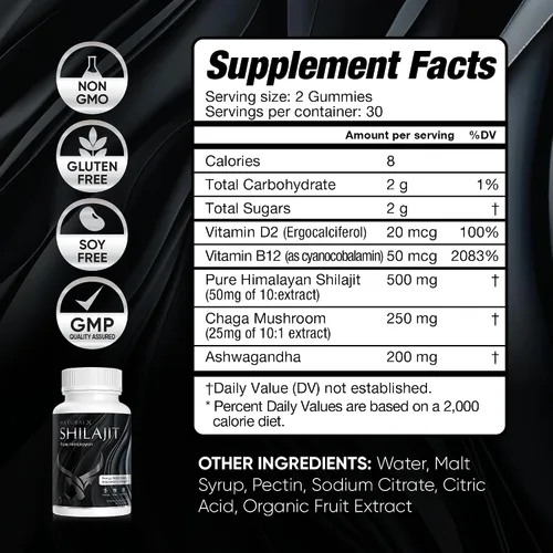 Vista 4 de Gomitas puras de Shilajit del Himalaya, gomitas Shilajit del Himalaya para hombres y mujeres, suplemento natural con ashwagandha y chaga