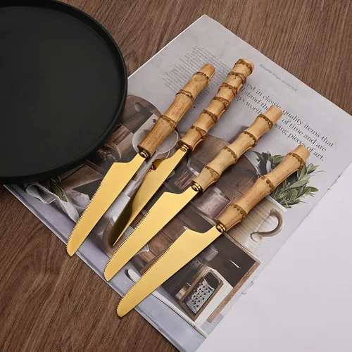 Vista 4 de Juego de cubiertos de mango de bambú natural, juego de cubiertos de acero inoxidable para 4, tenedores, cucharas, cuchillos para uso diario, 16