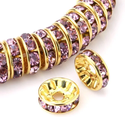 Vista 5 de RUBYCA 100 unidades de cuentas espaciadoras redondas estilo Rondelle en tono dorado de 10 mm, cristal checo AB blanco