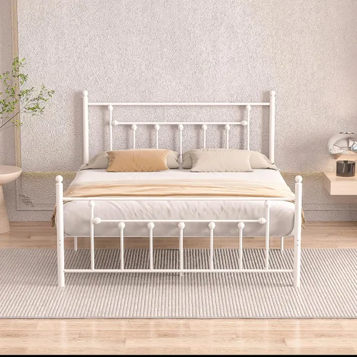 Vista 7 de VECELO Base de cama de plataforma metálica de tamaño matrimonial con cabecera y estribo, soporte de listones de acero resistente, base de colchón