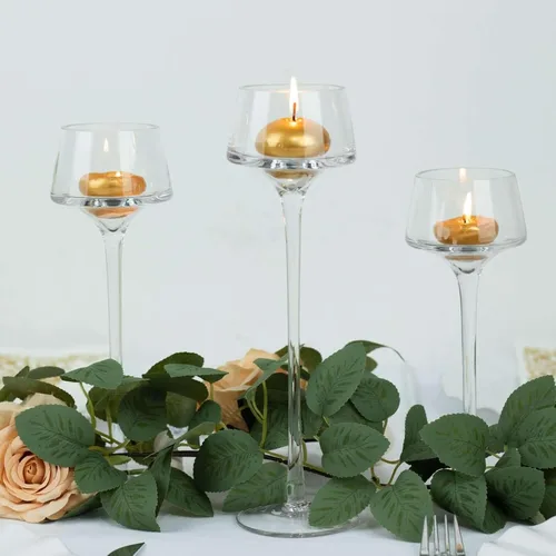 Vista 5 de Efavormart - Juego de 3 centros de mesa con pedestal de cristal transparente de tallo largo, portavelas de disco de candelita altos, 8, 9, 10