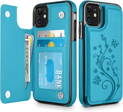 Vista 9 de HianDier Funda tipo cartera para iPhone 11 de 6.1 pulgadas, funda protectora delgada con ranura para tarjeta de crédito, funda con cierre magnético