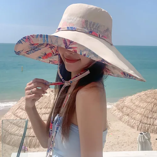 Vista 3 de Sombreros de sol de ala extra ancha de 6 pulgadas con protección UV UPF 50+ y correa para sombrero de playa para mujer