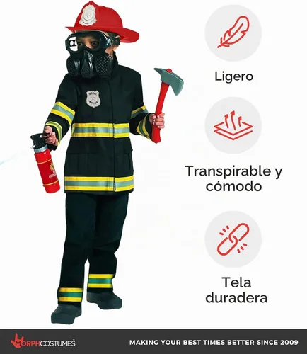 Vista 7 de Morph - Disfraz de bombero para niños (2 colores) - Disfraz de bombero y de bombero para niños, para Halloween Negro