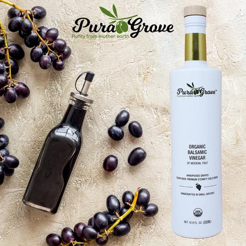 Vista 4 de Pura Grove Vinagre balsámico orgánico de Módena, Italia, consistencia fina, grado dorado de eternidad de envejecimiento lento, seleccionado a mano