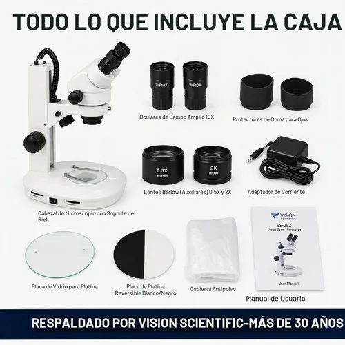 Vista 7 de Microscopio estéreo con zoom binocular VS-2EZ, ocular de campo ancho 10x, rango de zoom de 0.7X—4.5X, rango de aumento de 3.5X—90x, lente auxiliar