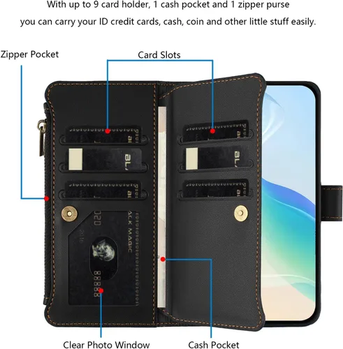 Vista 3 de bojioderf Compatible con Realme P1 Pro, compatible con Realme 12 Pro 5G / 12 Pro Plus 5G con cremallera cartera de piel sintética con función atril