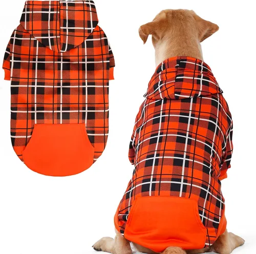 Vista 10 de EXPAWLORER Sudadera con capucha para perro a cuadros, estilo británico, suéter cálido para perro con agujero para correa, ropa de pitbull, ropa