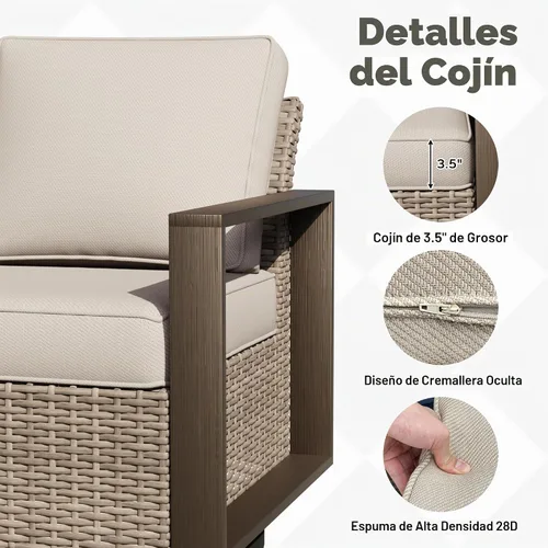Vista 5 de Joyside - Sofá de mimbre para patio al aire libre, sofá de ratán de 3 plazas con cojines gruesos de olefina y reposabrazos rectangular con marco