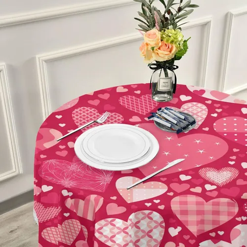 Vista 5 de Mantel redondo para el día de San Valentín de 60 pulgadas, color rosa y rojo, con corazones, mantel de encaje resistente al agua, a prueba