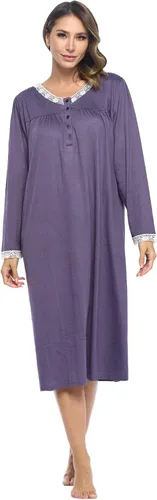 Vista 7 de Casual Nights Vestido de dormir floral de manga larga para mujer, camisón Henley de longitud completa Baya(Berry floral)