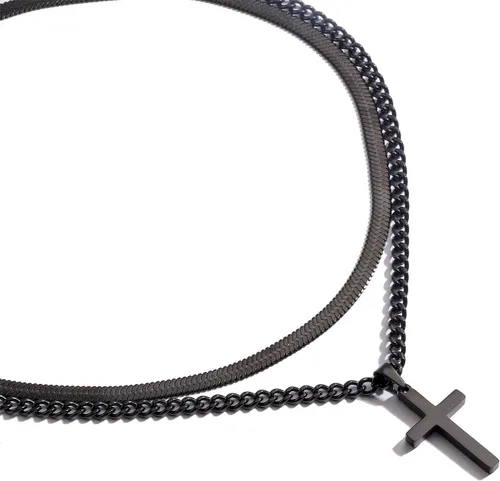 Vista 4 de Zocomi Collar de cruz para hombres y niños, de acero inoxidable en capas, cadena de espiga cubana, colgante de cruz religiosa, joyería de moda