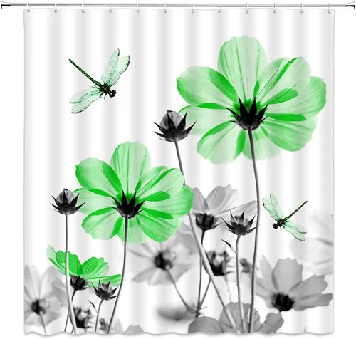 Vista 18 de Cortina de ducha floral azul y gris, planta rústica, retro, margarita, abstracta, elegante, natrue de tela con ganchos