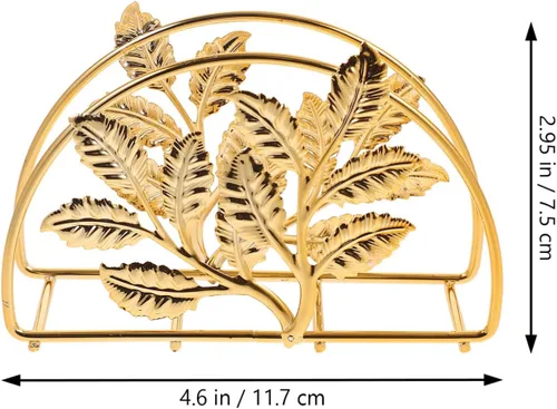 Vista 2 de Servilletero de metal dorado con diseño de hojas, soporte dispensador de pañuelos compacto para cocina, mesa de comedor, restaurante y uso en fiestas