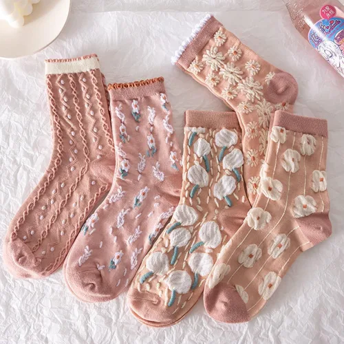 Vista 24 de Juego de 6 pares de calcetines de algodón transpirables de punto floral para mujeres y niñas