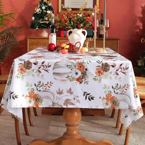 Vista 3 de Mantel rectangular con estampado de calabaza en acuarela de otoño, mantel rectangular de poliéster para otoño, resistente al agua, sin arrugas